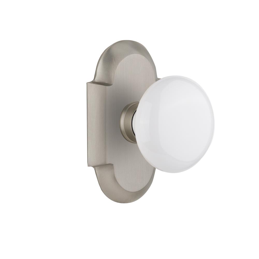 Nostalgic Warehouse COTWHI Privacy Knob Cottage Plate with White Porcelain Knob in Satin Nickel